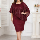 Vestido Midi Liz™ com Sobreposição Assimétrica, Detalhes Brilhantes e Decote Arredondado