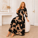 Vestido Longo Veloria™ com Estampa Abstrata, Cintura Marcada e Mangas 3/4