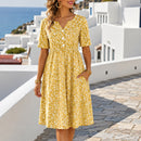Vestido Midi Florena™ com Botões Frontais, Estampa Floral e Mangas Curtas