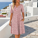 Vestido Midi Florena com Botões Frontais, Estampa Floral e Mangas Curtas